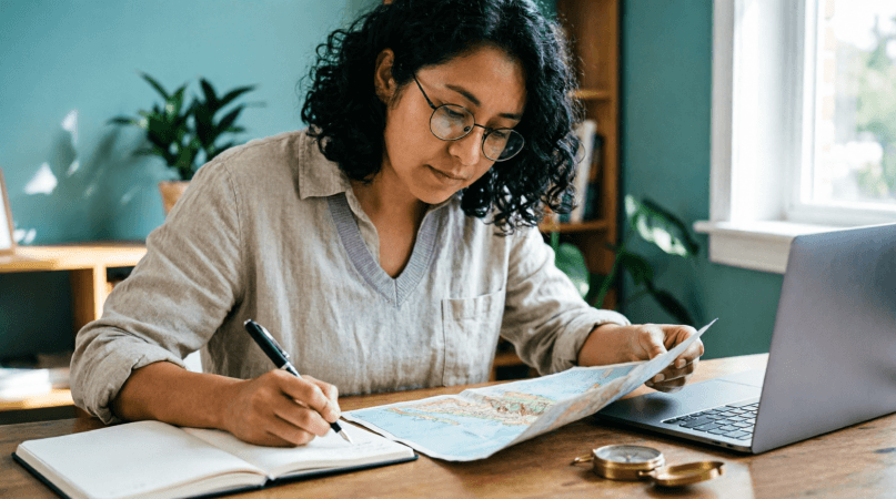 Periodista mexicana consultando un mapa y una libreta en una mesa de trabajo