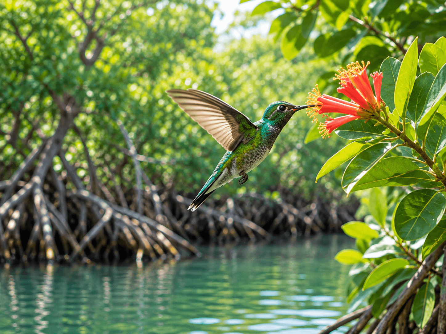 Manglar protegido en la costa mexicana con un colibrí sobre una flor