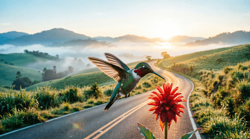 Camino que atraviesa un paisaje mexicano al amanecer con un colibrí en primer plano